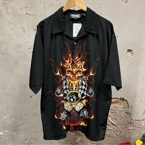 Dragonfly Flame Dice Skull Mechanic Graphic Button Down Grunge Shirt XL Y2K